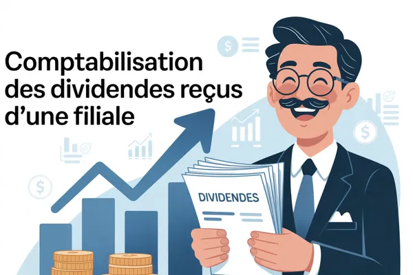 Dessin d’un homme moustachu souriant tenant un document Dividendes, devant un graphique montant et des piles de pièces, avec le titre Comptabilisation des dividendes reçus d’une filiale.
