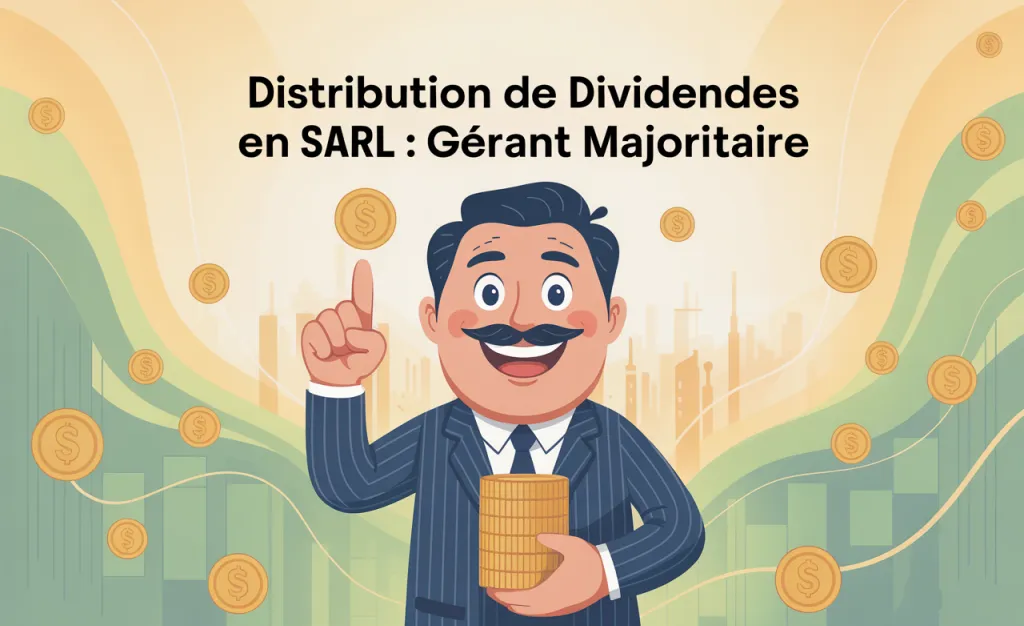 Dessin d’un dirigeant moustachu tenant une pile de pièces, sous le titre Distribution de dividendes en SARL : gérant majoritaire.