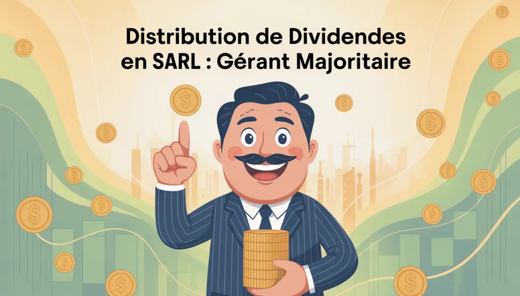 Dessin d’un dirigeant moustachu tenant une pile de pièces, sous le titre Distribution de dividendes en SARL : gérant majoritaire.