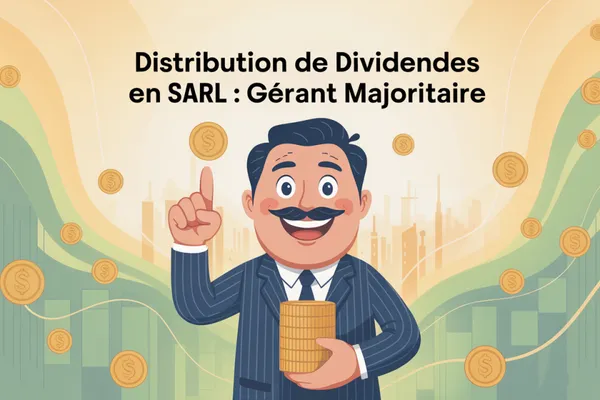 Dessin d’un dirigeant moustachu tenant une pile de pièces, sous le titre Distribution de dividendes en SARL : gérant majoritaire.