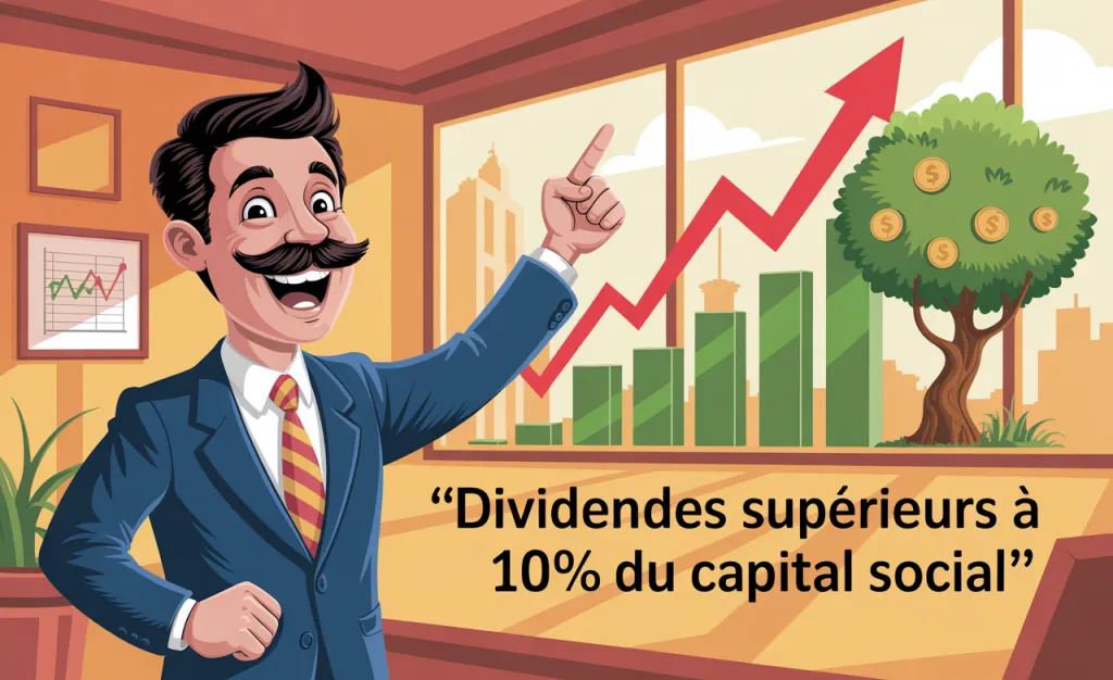 Dessin d’un dirigeant moustachu montrant une courbe rouge ascendante et un arbre à pièces, avec la mention Dividendes supérieurs à 10 % du capital social.