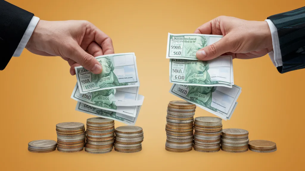 Deux mains tendent des liasses de billets au-dessus de piles de pièces, sur fond orange.