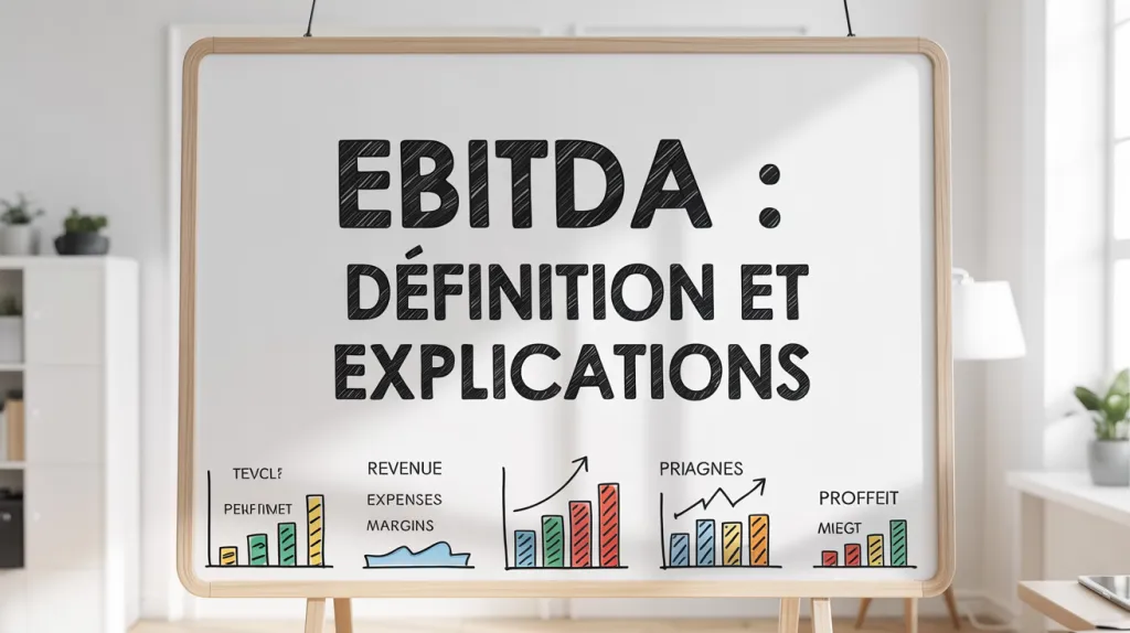 Tableau blanc sur chevalet portant le titre « EBITDA : définition et explications » au-dessus de petits graphiques dessinés.