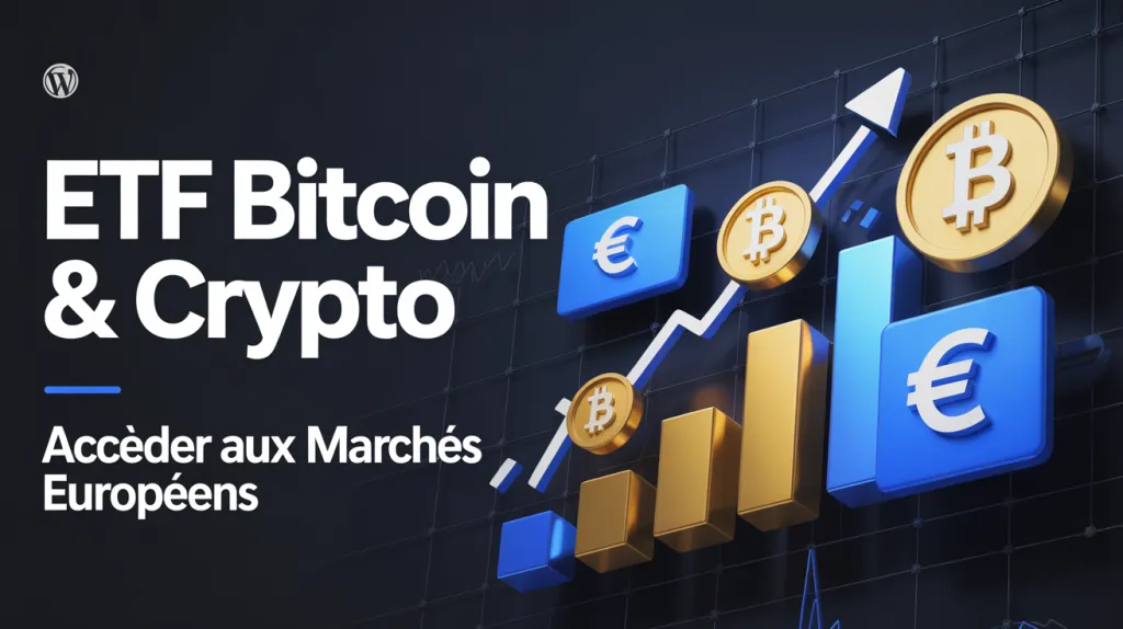 Illustration de pièces de bitcoin et de symboles euro sur des barres de graphique montantes, avec le titre « ETF Bitcoin & Crypto : accéder aux marchés européens ».