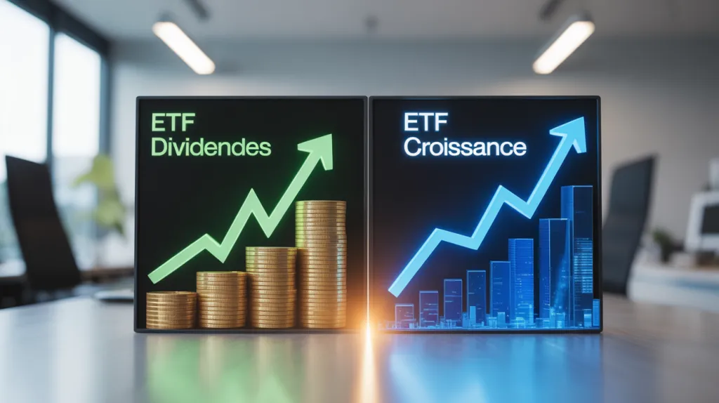 Deux écrans côte à côte sur une table de bureau : à gauche « ETF Dividendes » avec des piles de pièces et une flèche verte, à droite « ETF Croissance » avec des barres bleues et une flèche montante.
