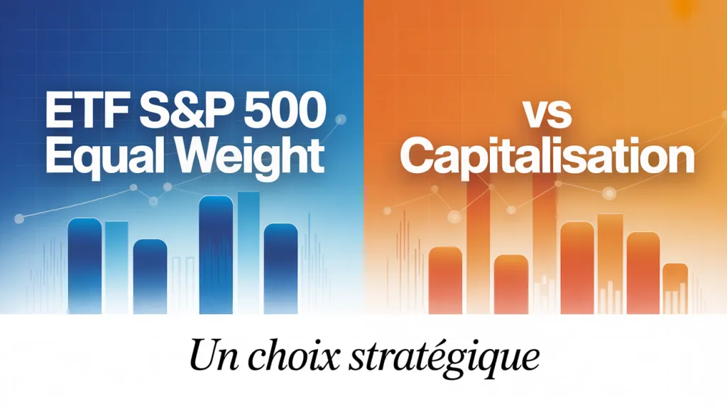Visuel en deux couleurs titré « ETF S&P 500 Equal Weight vs Capitalisation : un choix stratégique », avec des barres de graphique bleues et orange.