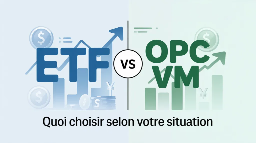 Visuel « ETF vs OPCVM » sur fond bleu et vert, avec graphiques et pièces, sous-titré « Quoi choisir selon votre situation ».