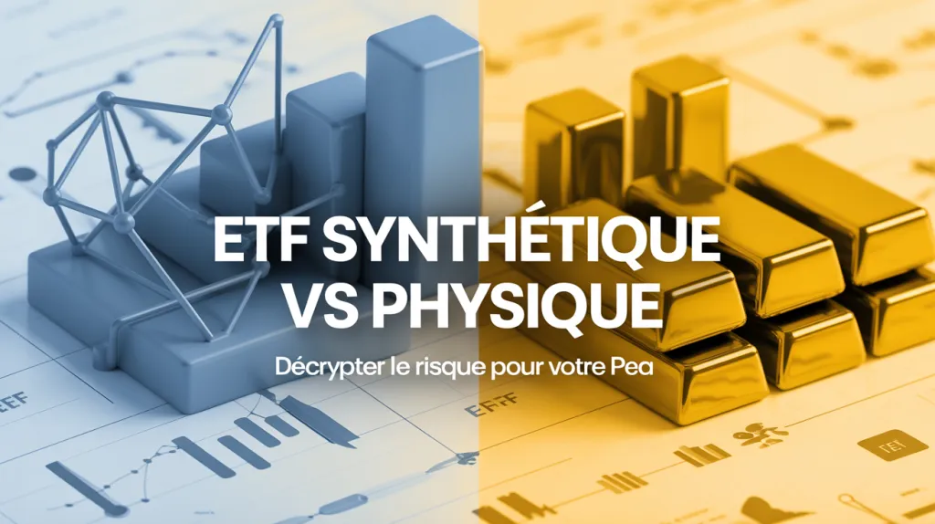 Visuel « ETF synthétique vs physique » : graphiques bleus d’un côté, lingots dorés de l’autre, sous-titré « Décrypter le risque pour votre PEA ».