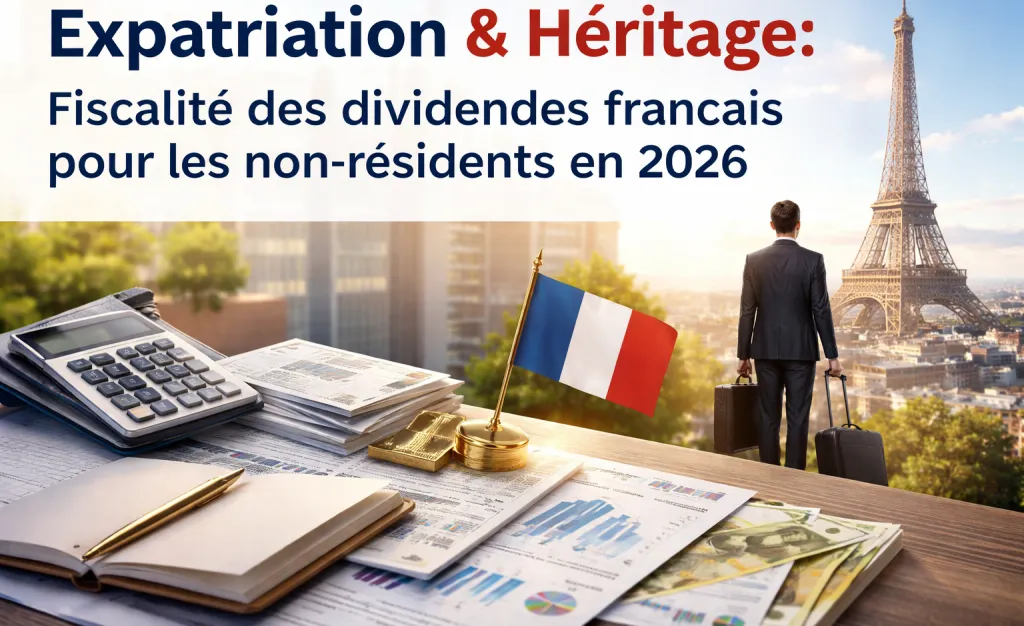 Bureau avec calculatrice, documents financiers, billets et drapeau français, et un homme en costume avec valises face à la tour Eiffel, sous le titre Expatriation et héritage.