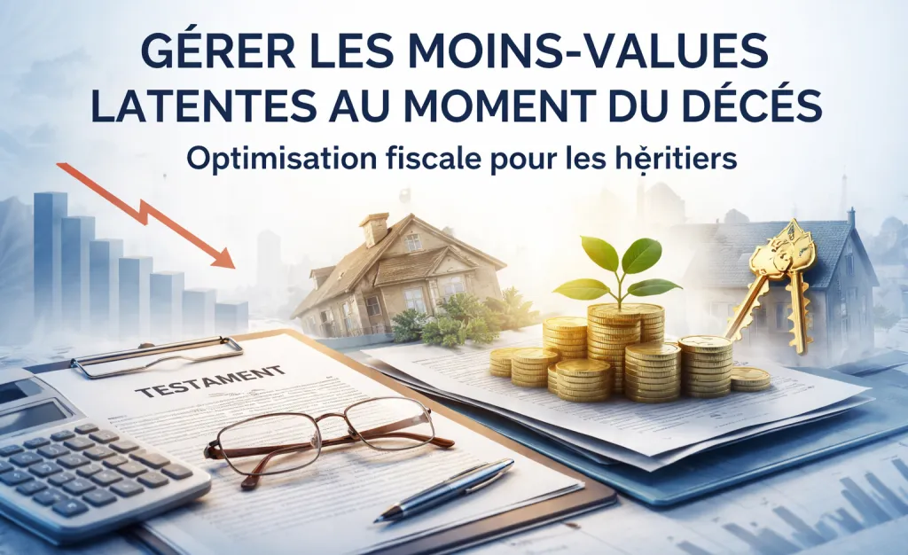 Visuel titré « Gérer les moins-values latentes au moment du décès » : un testament, des lunettes, une calculatrice, des piles de pièces, une maison et un graphique en baisse.