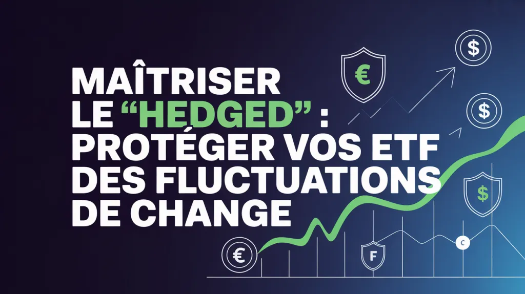 Visuel sombre titré « Maîtriser le Hedged : protéger vos ETF des fluctuations de change », avec boucliers euro et dollar et courbe verte.
