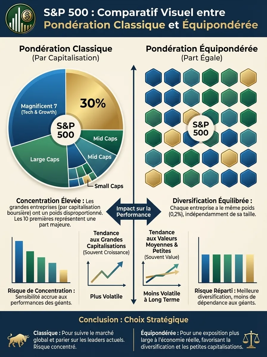 Infographie comparant la pondération classique du S&P 500, représentée par un camembert dominé par les Magnificent 7, et la pondération équipondérée, où chaque société a le même poids.
