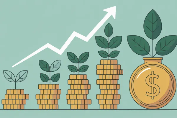 Illustration de piles de pièces de plus en plus hautes d’où poussent des plantes, à côté d’une grosse pièce marquée du symbole dollar et sous une flèche montante.