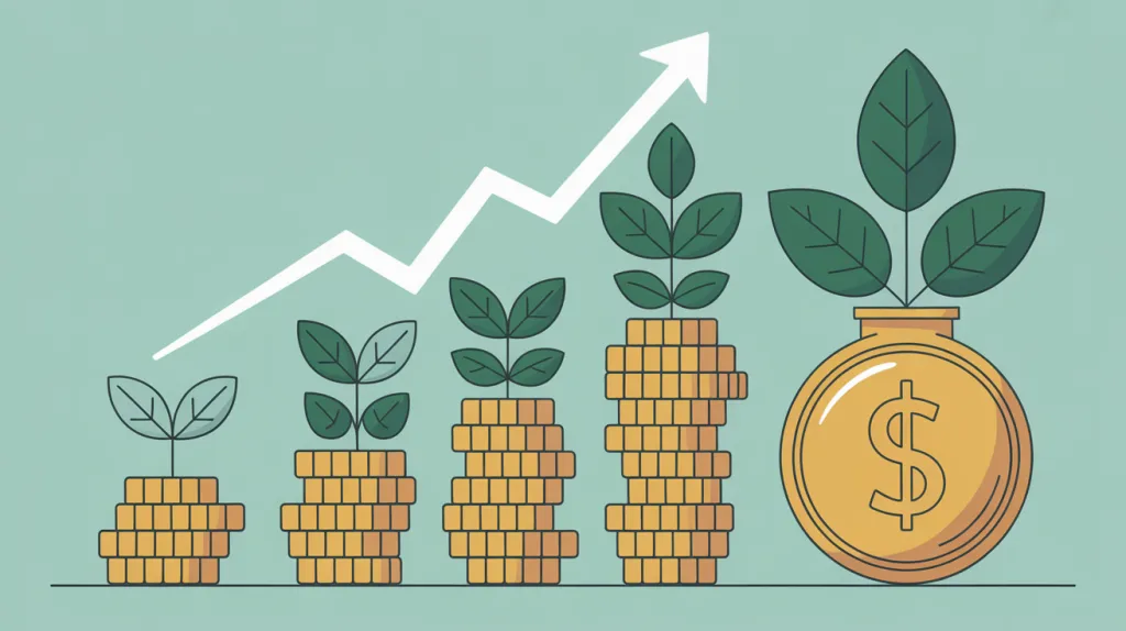 Illustration de piles de pièces de plus en plus hautes d’où poussent des plantes, à côté d’une grosse pièce marquée du symbole dollar et sous une flèche montante.
