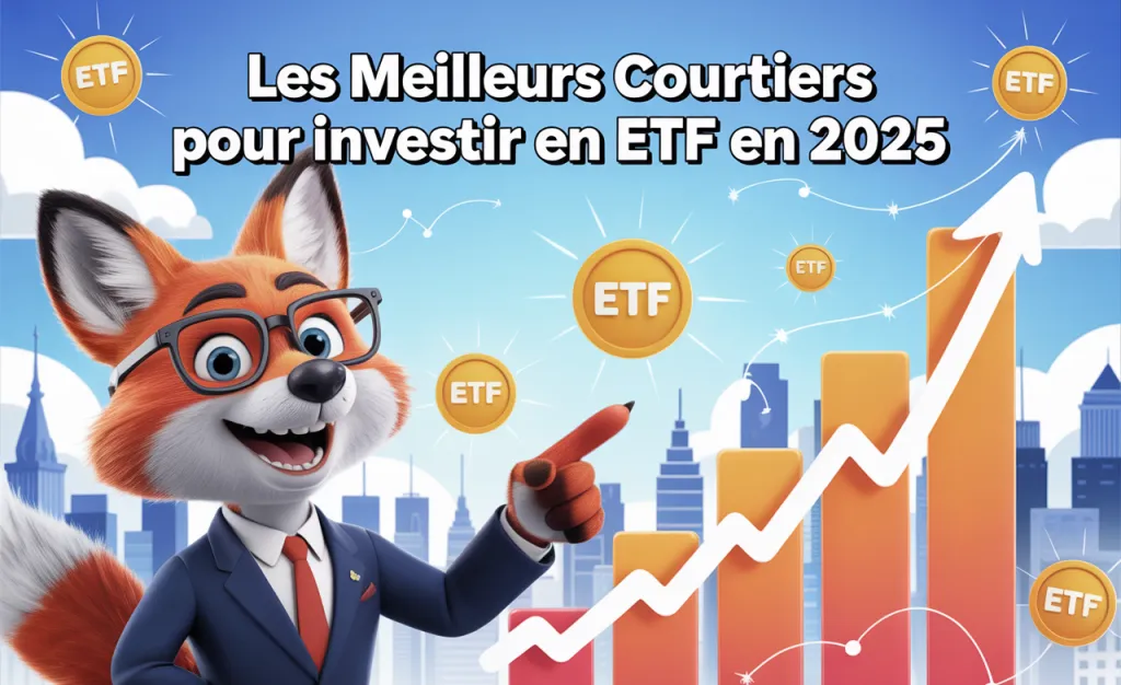 Renard en costume et lunettes montrant un graphique en barres montant entouré de pièces ETF, sous le titre Les meilleurs courtiers pour investir en ETF en 2025.