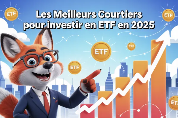 Renard en costume et lunettes montrant un graphique en barres montant entouré de pièces ETF, sous le titre Les meilleurs courtiers pour investir en ETF en 2025.