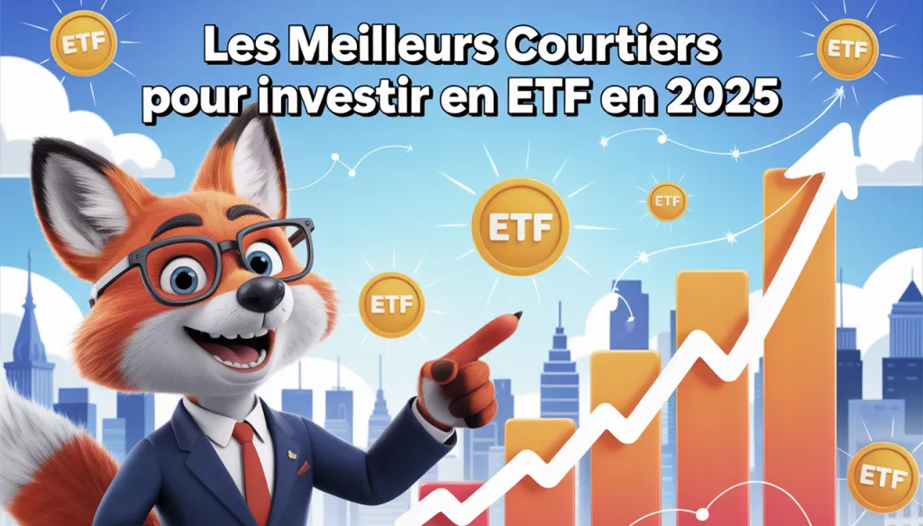 Renard en costume et lunettes montrant un graphique en barres montant entouré de pièces ETF, sous le titre Les meilleurs courtiers pour investir en ETF en 2025.