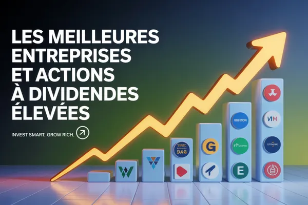 Illustration d’une flèche lumineuse montante au-dessus de colonnes de hauteur croissante portant des logos d’entreprises, avec le titre « Les meilleures entreprises et actions à dividendes élevées ».