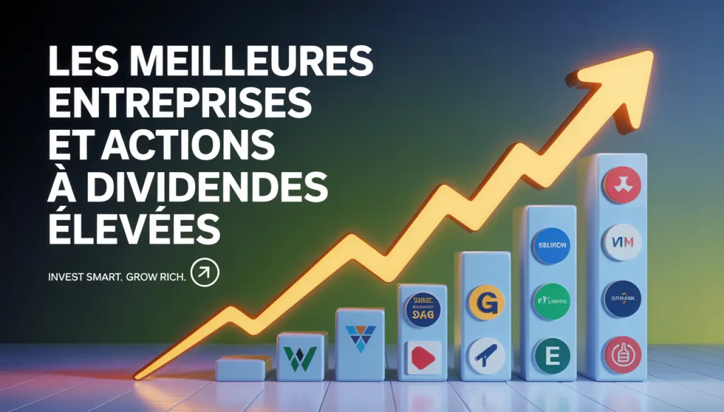 Illustration d’une flèche lumineuse montante au-dessus de colonnes de hauteur croissante portant des logos d’entreprises, avec le titre « Les meilleures entreprises et actions à dividendes élevées ».