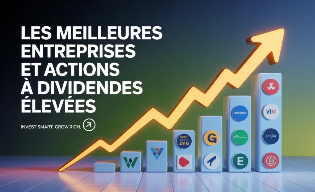 Illustration d’une flèche lumineuse montante au-dessus de colonnes de hauteur croissante portant des logos d’entreprises, avec le titre « Les meilleures entreprises et actions à dividendes élevées ».