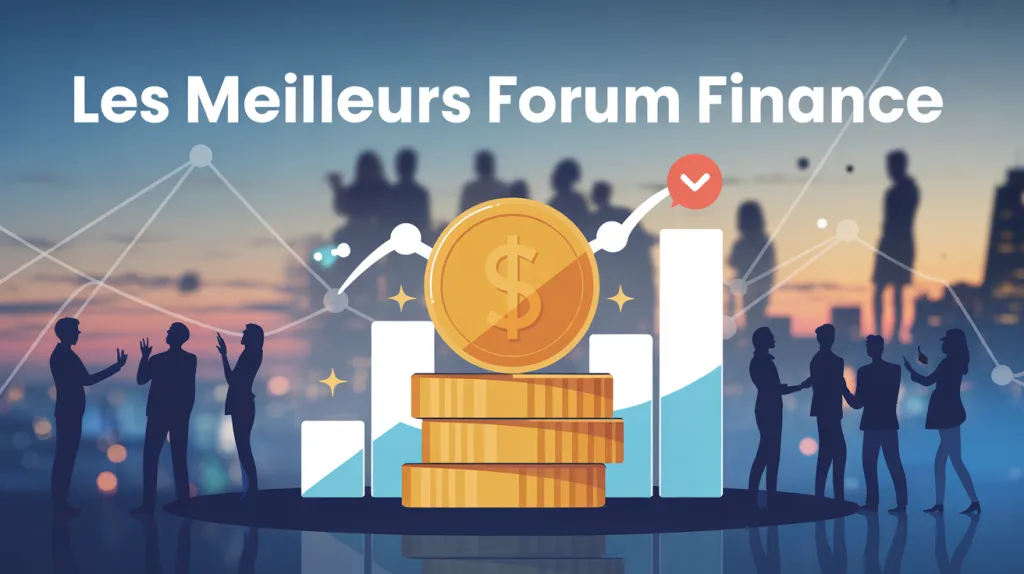 Illustration de silhouettes discutant autour d’une pile de pièces et de barres de graphique, sous le titre « Les meilleurs forum finance ».