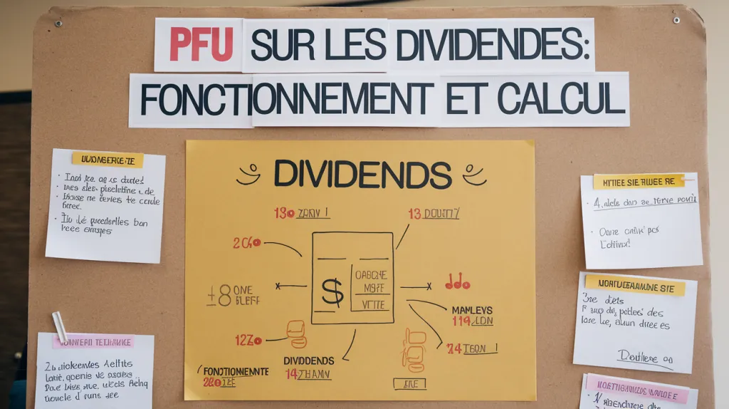 Tableau en liège avec le titre PFU sur les dividendes : fonctionnement et calcul, une affiche manuscrite et des notes épinglées.