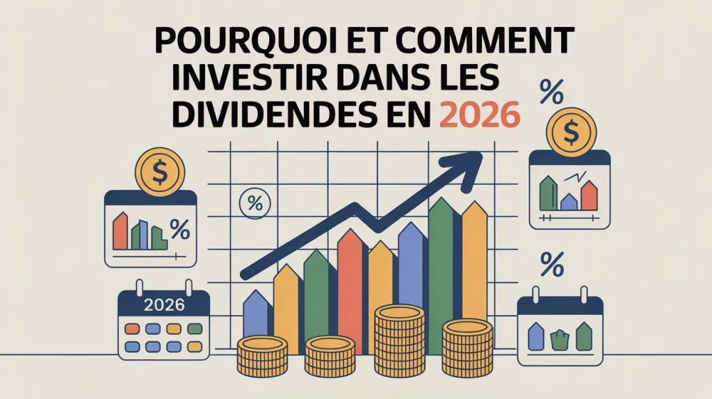 Illustration de barres colorées surmontées d’une flèche montante, de piles de pièces et de calendriers 2026, sous le titre « Pourquoi et comment investir dans les dividendes en 2026 ».