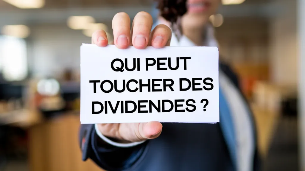 Main tenant une carte blanche portant la question « Qui peut toucher des dividendes ? », sur fond de bureau flou.