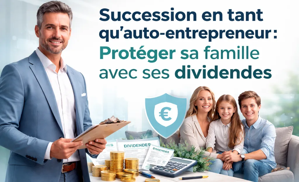Visuel titré « Succession en tant qu’auto-entrepreneur : protéger sa famille avec ses dividendes » : un homme en costume tenant un porte-documents, des pièces, une calculatrice et une famille sur un canapé.