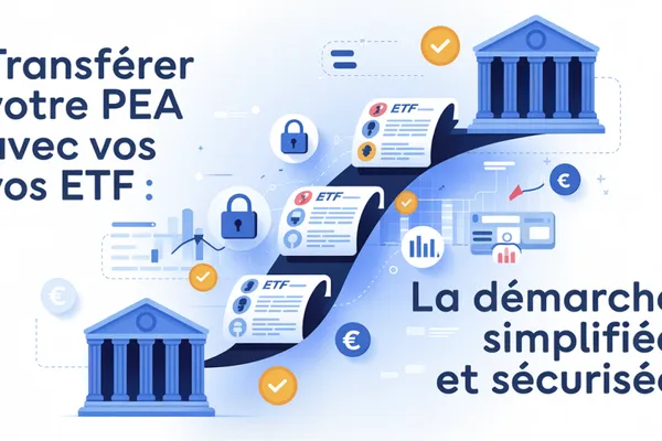 Illustration de fiches ETF passant d’une banque à une autre le long d’un chemin, avec le titre Transférer votre PEA avec vos ETF : la démarche simplifiée et sécurisée.