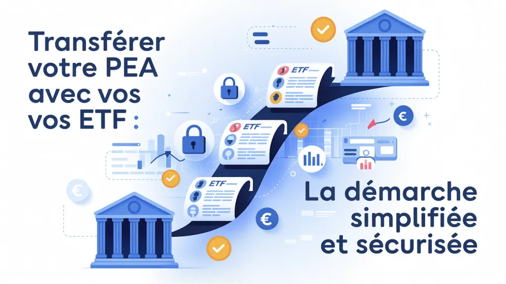 Illustration de fiches ETF passant d’une banque à une autre le long d’un chemin, avec le titre Transférer votre PEA avec vos ETF : la démarche simplifiée et sécurisée.