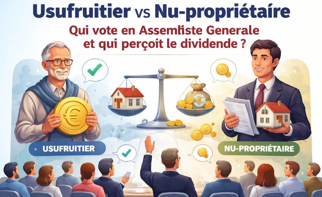 Illustration titrée « Usufruitier vs Nu-propriétaire » : un homme âgé tenant une pièce en euro face à un homme en costume tenant une maison, une balance au centre et une assemblée qui lève la main.