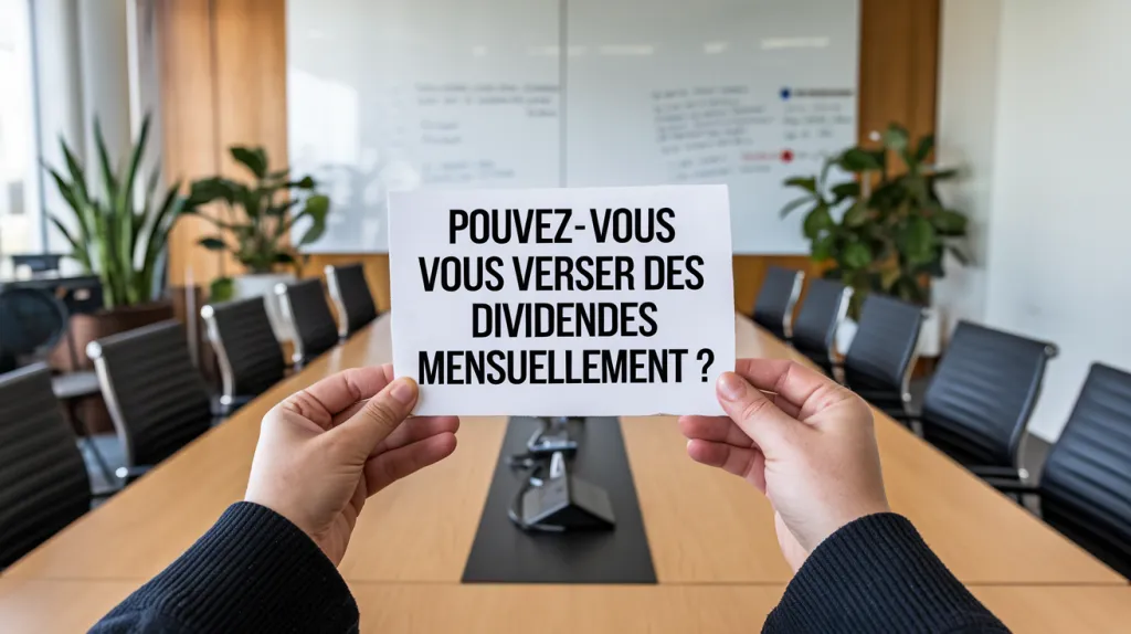Mains tenant une feuille avec la question Pouvez-vous vous verser des dividendes mensuellement ?, au-dessus d’une table de salle de réunion.
