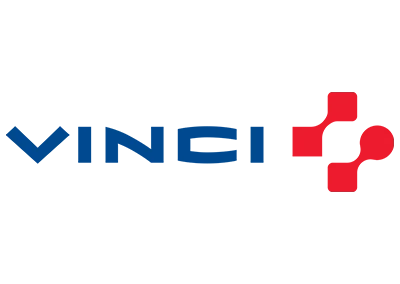 Logo Vinci : nom du groupe en lettres bleues et symbole rouge sur fond blanc